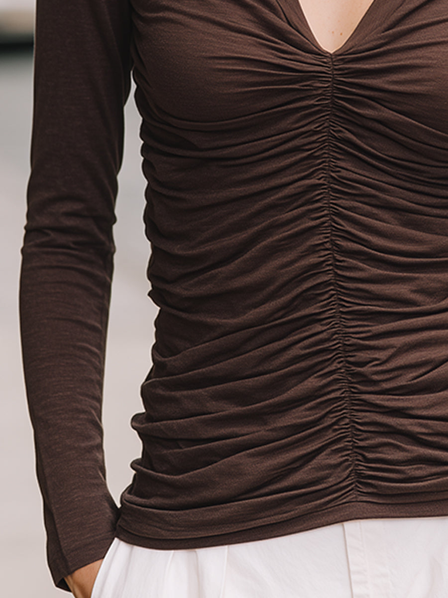 Ruched Long-Sleeve V-Neck Polo T-Shirt