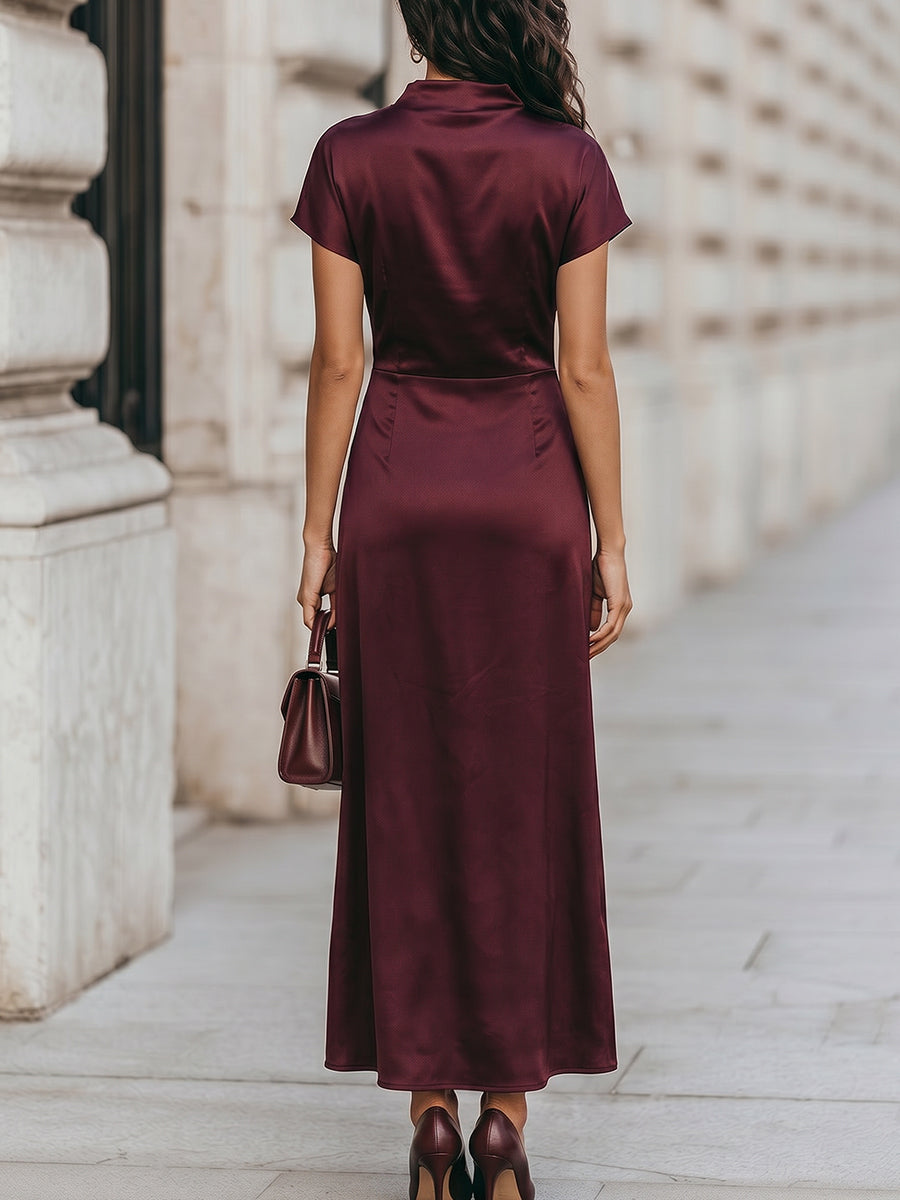 Draped High Neck Satin Ruched Waist Maxi Dress
