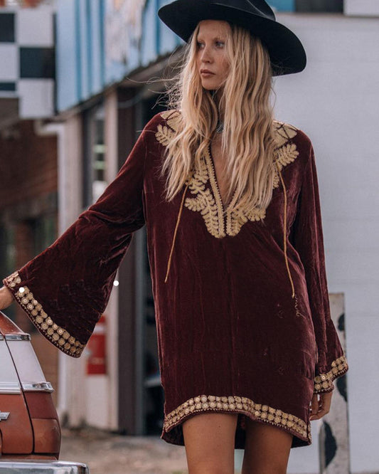 Robe hippie en velours à col en V