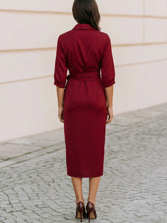 Vestido Chemise Midi de Cetim Transpassado com Amarração na Cintura e Manga 3/4