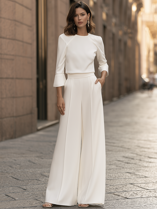 Crew-Neck Flounce-Sleeve Top And Wide-Leg Pants Set