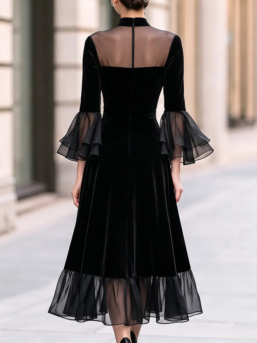 Sheer-Yoke Velvet Ruffle Midi Dress