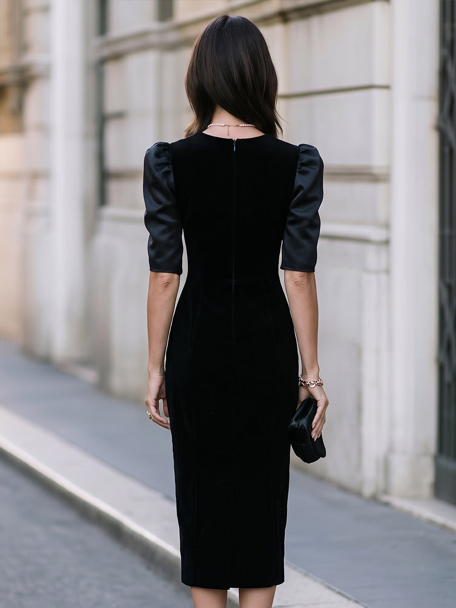Puff Sleeve Sculpted Sheath Midi Dress