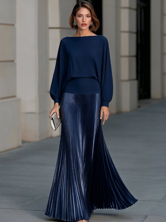 Pleated Satin Long Sleeve Flowing Maxi Dress
