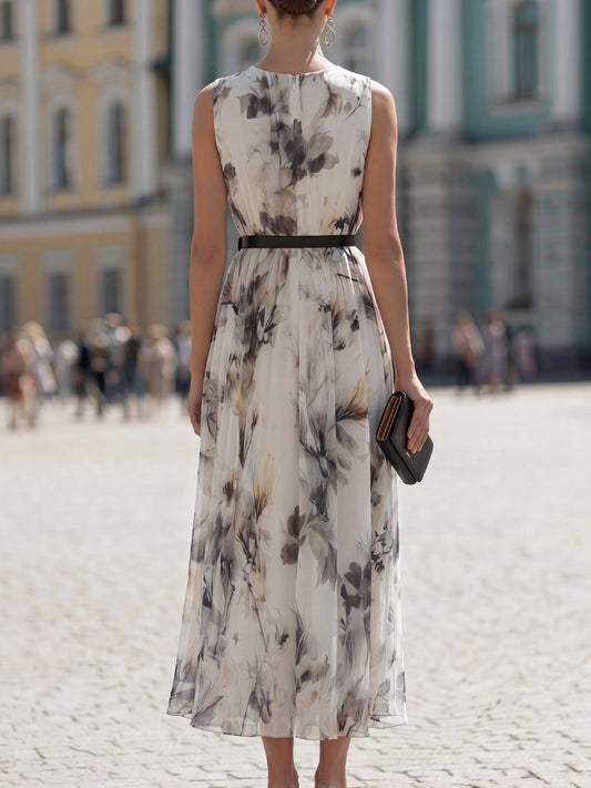 Watercolor Floral Pleated Sleeveless Maxi Dress