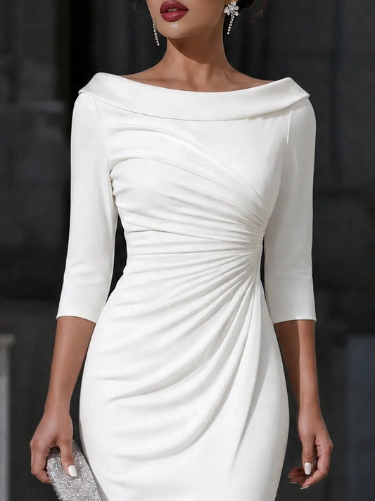Vestido Midi Bodycon com Drapeado e Gola Canoa Elegante