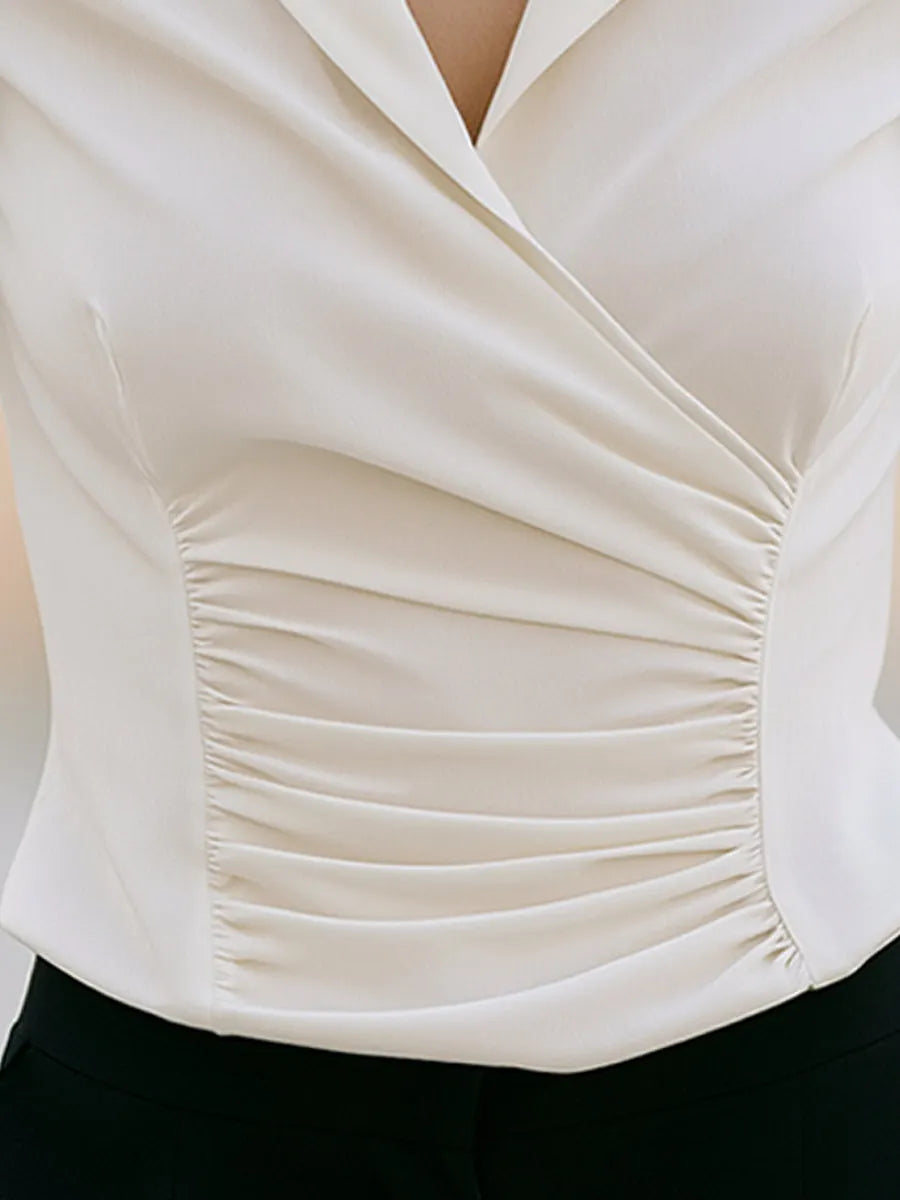 White Ruched Wrap Tailored Collar Front Blouse
