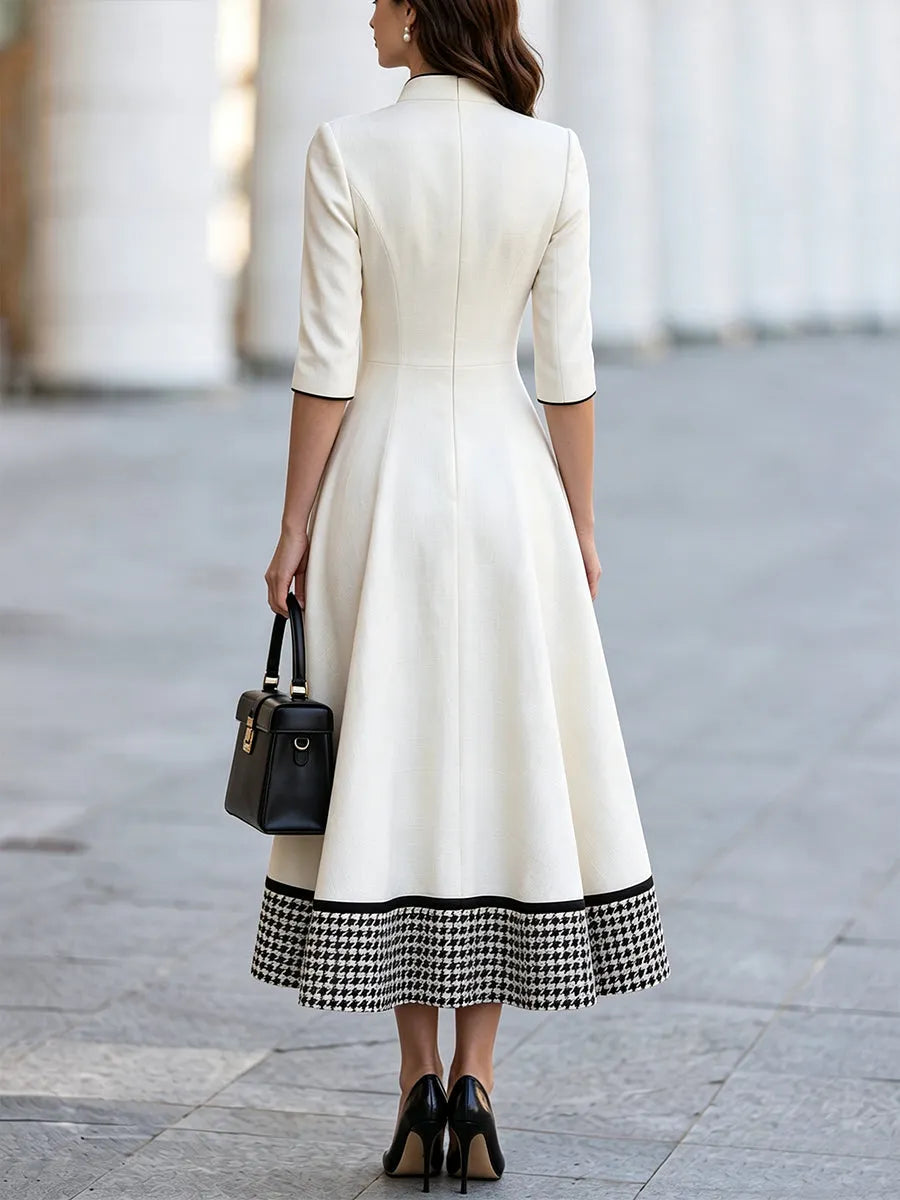 Contrast-Hem Button-Front A-Line Midi Dress