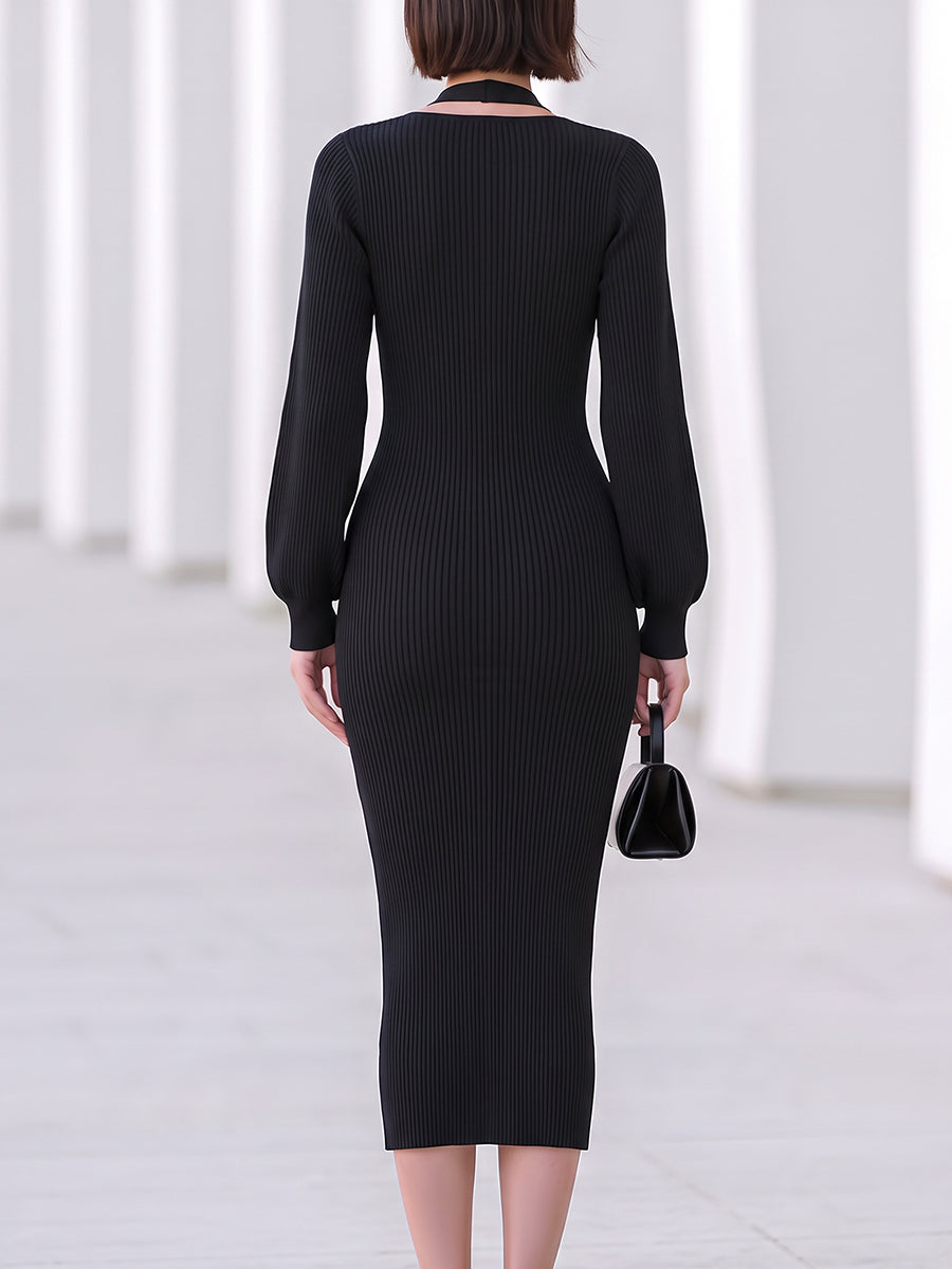 Halter Neck V-Neck Ribbed Knit Midi Dress