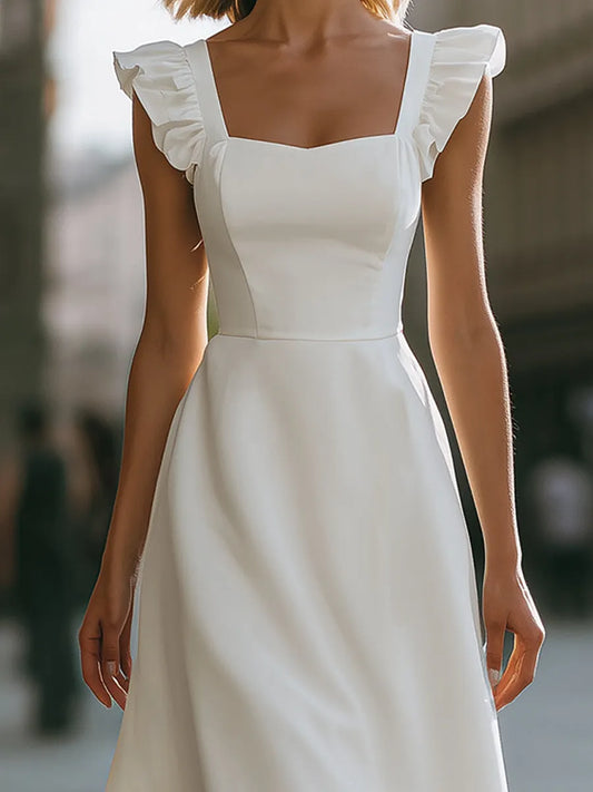 Square Neck Ruffle Strap A-Line Midi Dress