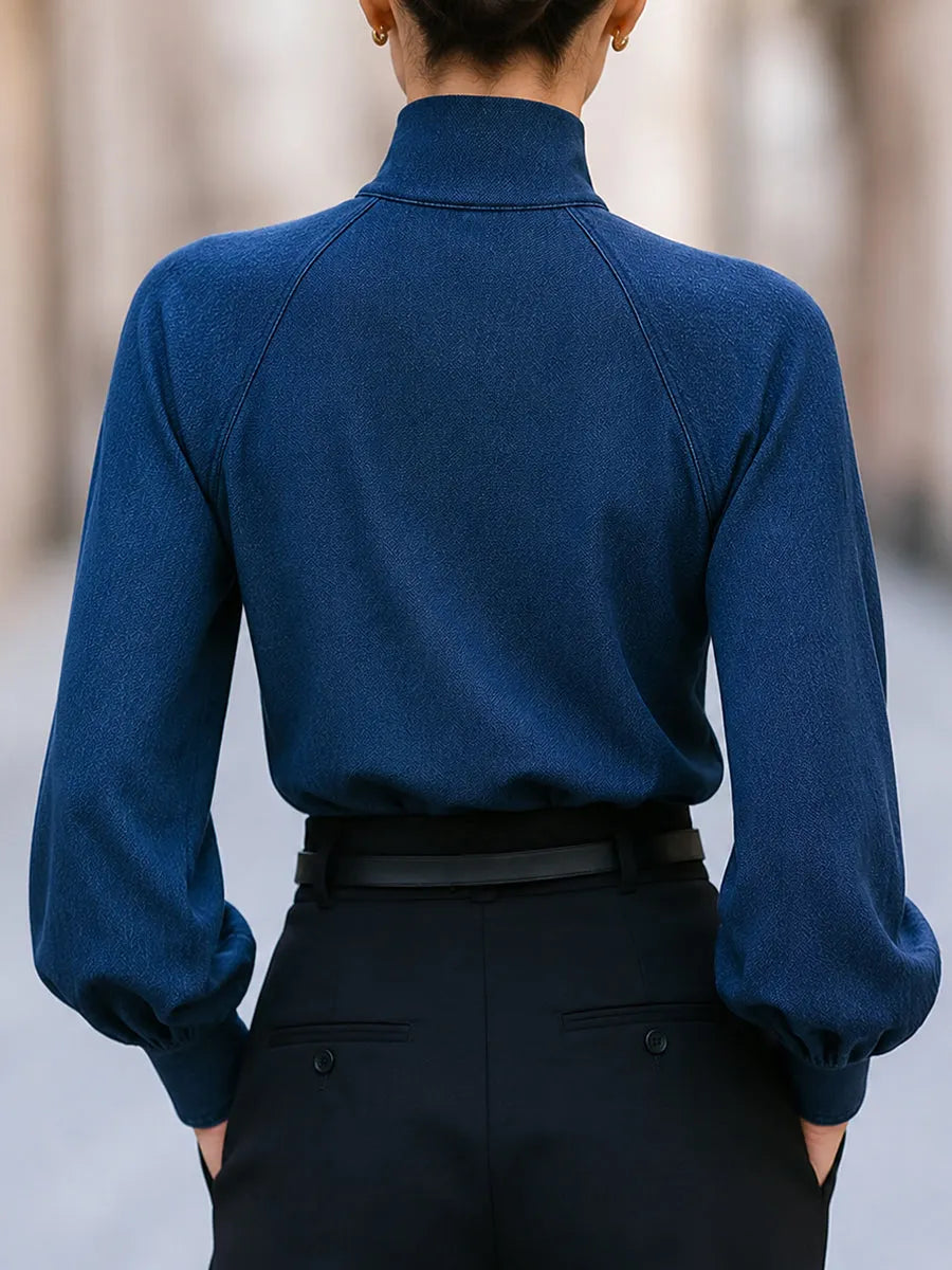 High-Neck Bishop Sleeve Denim Blouse