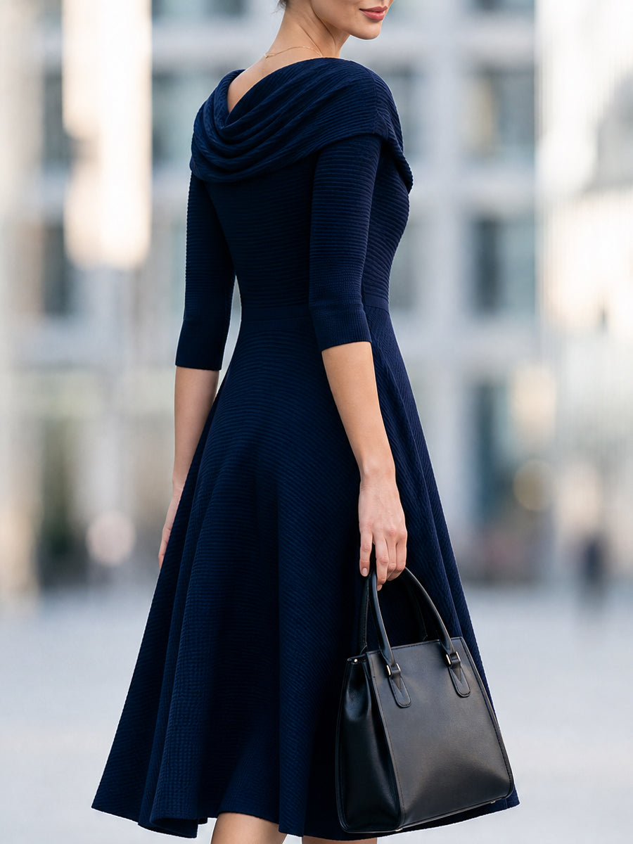Navy Cowl Neck Ribbed Knit Midi Dress