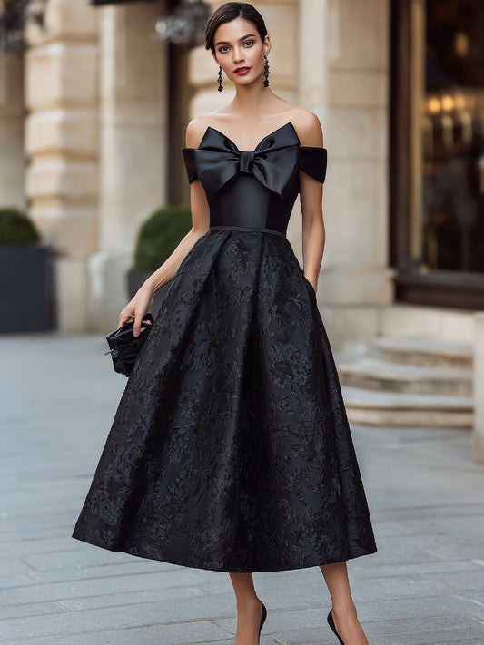 Vintage Jacquard Off-the-Shoulder Bow Formal Midi Gown