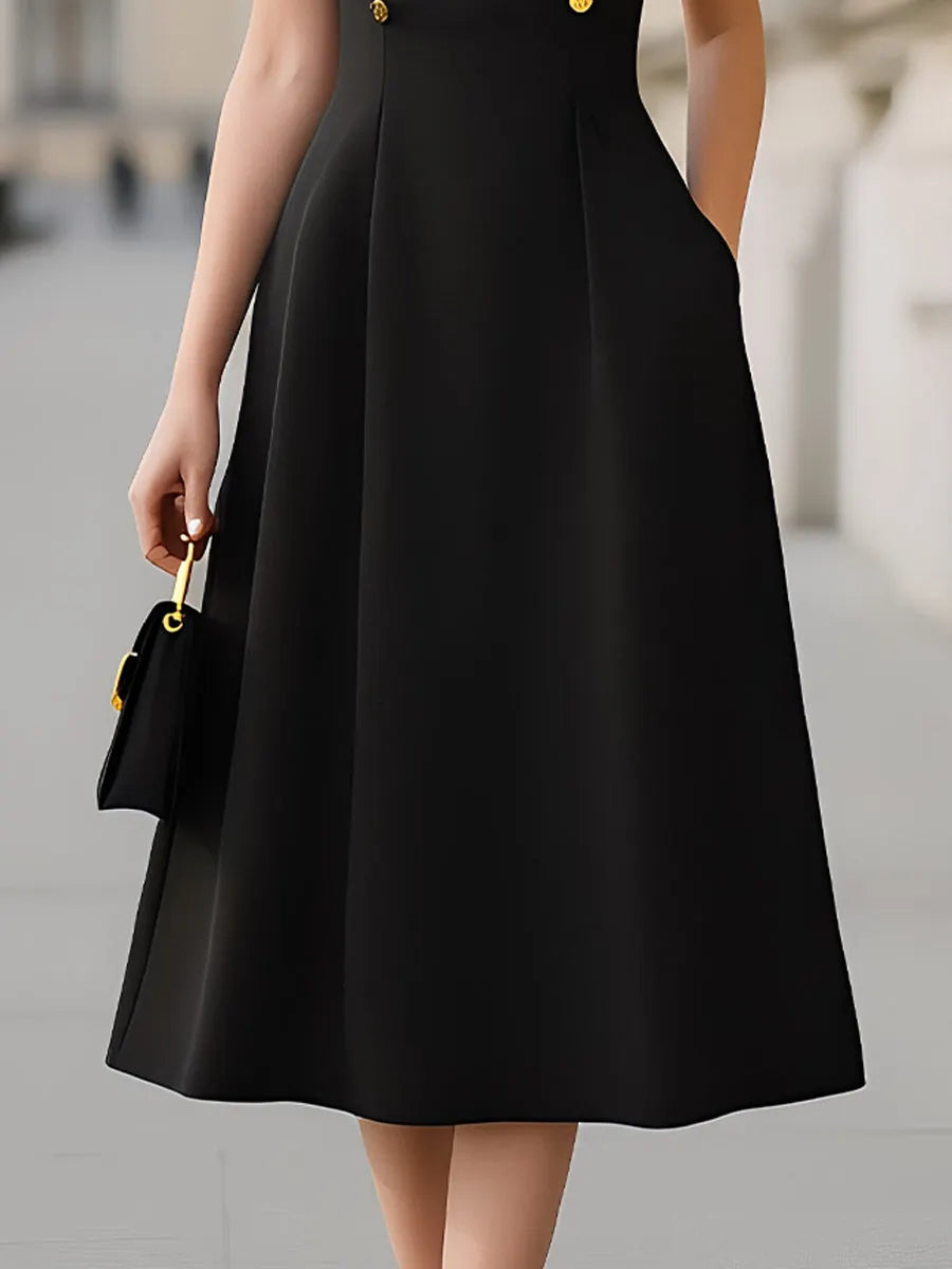 Cap-Sleeve Round-Neck A-Line Midi Dress With Gold Button Detail