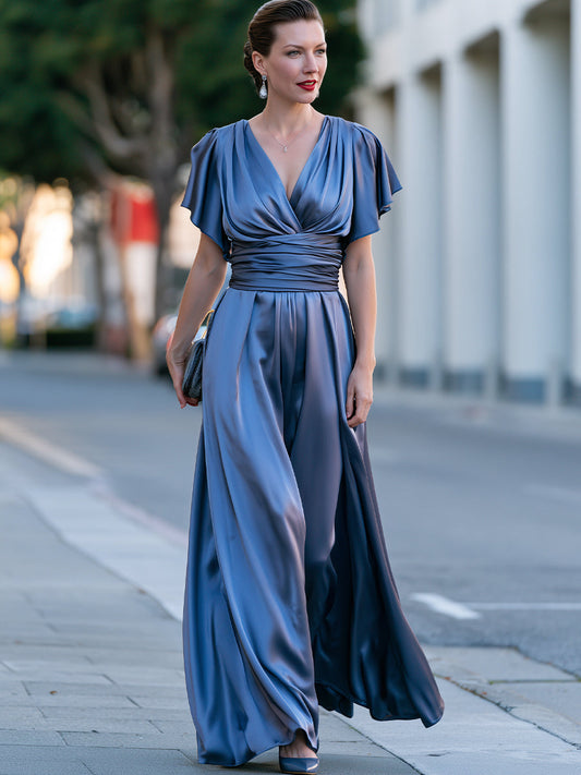Vestido Maxi de Cetim com Decote V, Manga Flutter e Amarração na Cintura