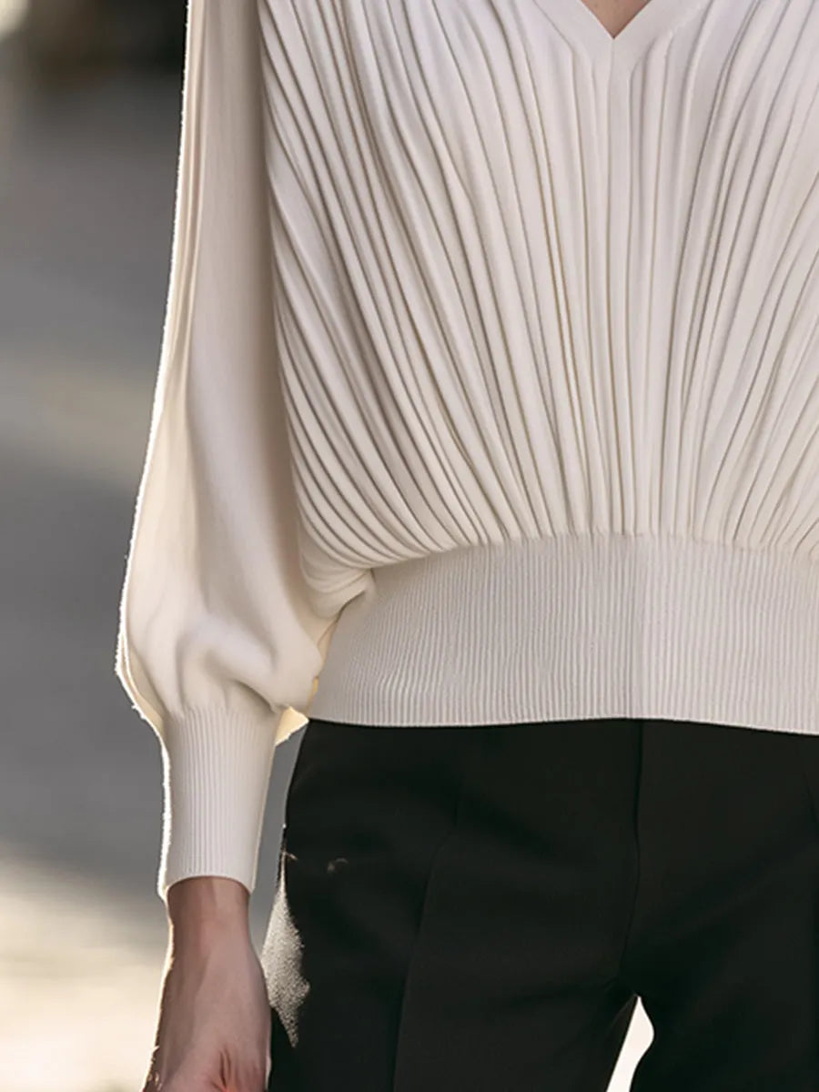 Pleated V-Neck Blouson Knit Sweater