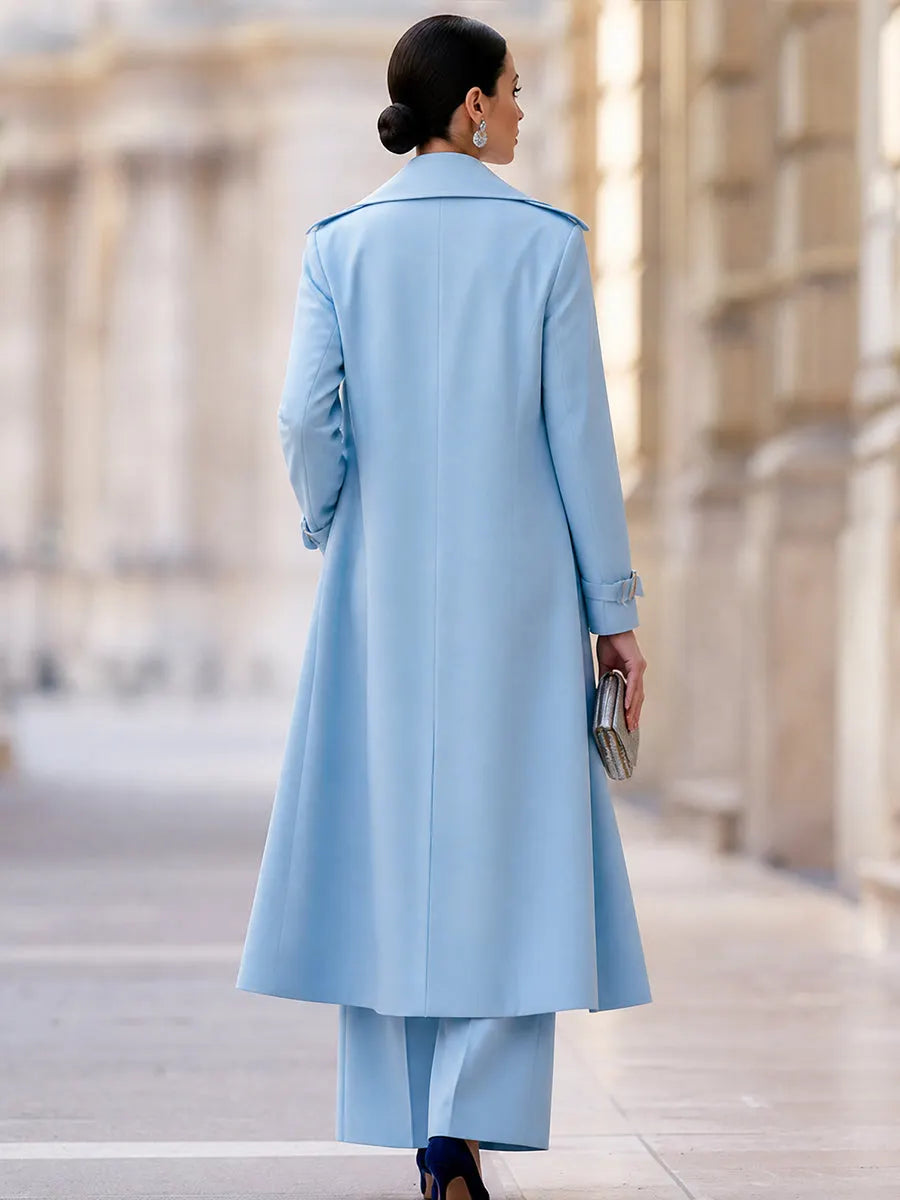Belted Blazer Vest, Wide-Leg Pants & Long Coat Three-Piece Suit Set