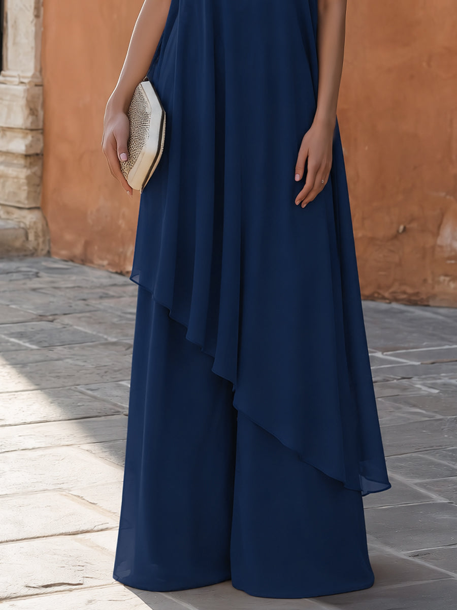 One-Shoulder Chiffon Overlay Blouse And Pants Set