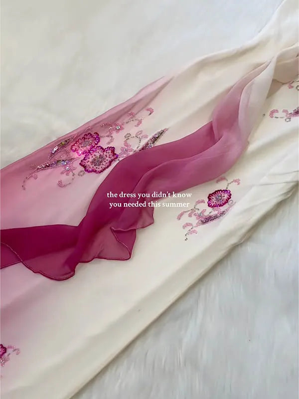 Sequinned Flower Embroidered Gradient Color Sleeveless Spaghtti-Neck Evening Maxi Dresses