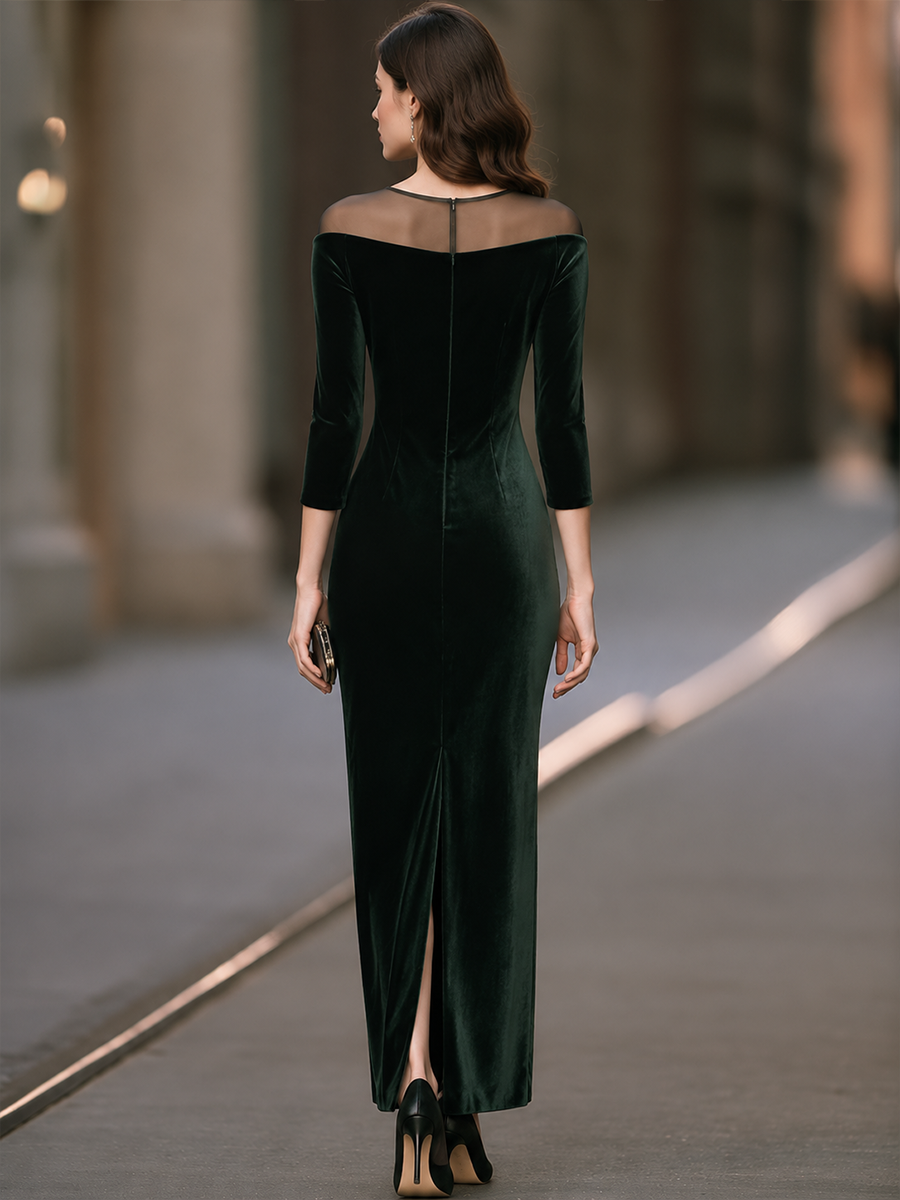 Elegant Velvet Mesh-Panel Off-Shoulder Maxi Evening Dress