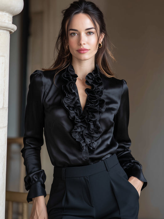 Blusa de Manga Longa com Decote V Franzida de Cetim Preto