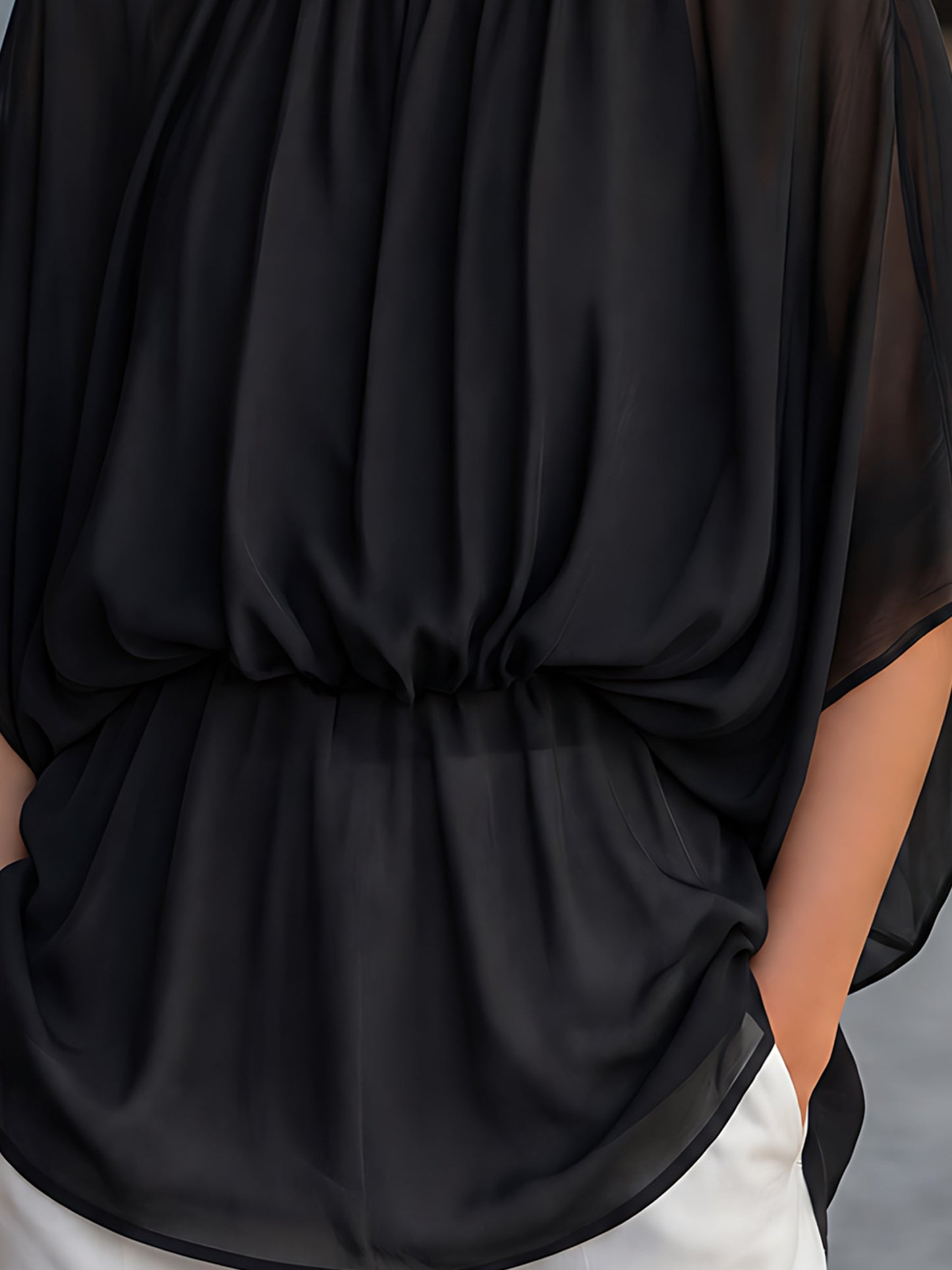Pearl Embellished Crew Neck Gathered Cape Blouse
