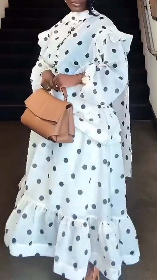 Women Round Neck Polka Dot Top+ Patchwork Skirt Casual Set with Temperament