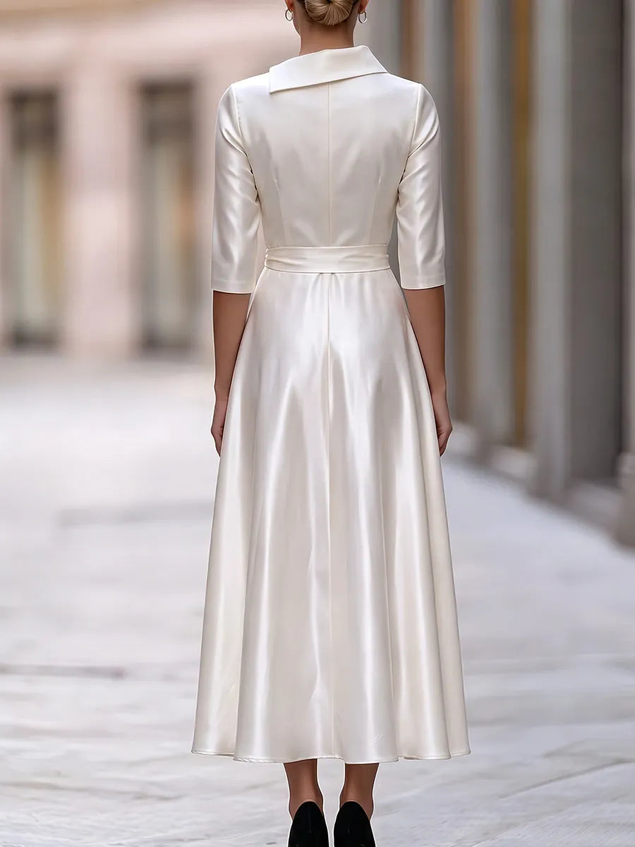 Satin Asymmetric Collar Gold Button Belted Midi Dress