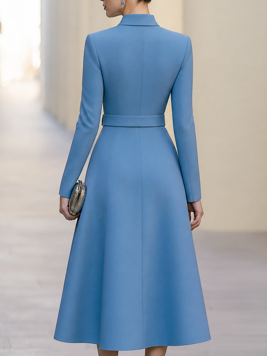 Belted V-Neck Tailored A-Line Midi Dress