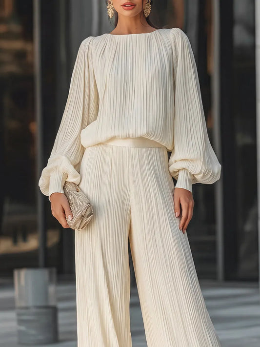 Vertical Pleated Flowing Wide-Leg Two-Piece Set