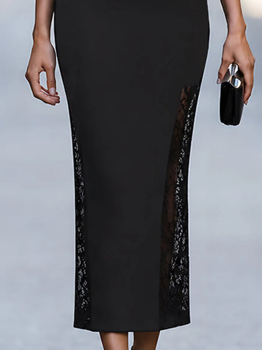 Lace Panel Cap Sleeve Column Midi Dress