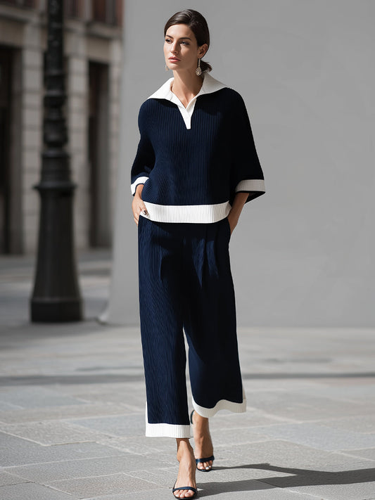 Sophisticated Nautical Ribbed Knit Two-Piece Lounge Set