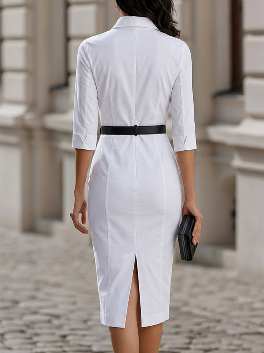 Robe crayon mi-longue à col et boutonnage devant, manches trois-quarts et ceinture, coupe formelle pour le bureau