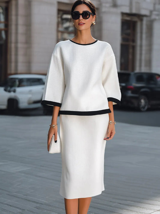 Elegant Contrast Trim Linen Two-Piece Set