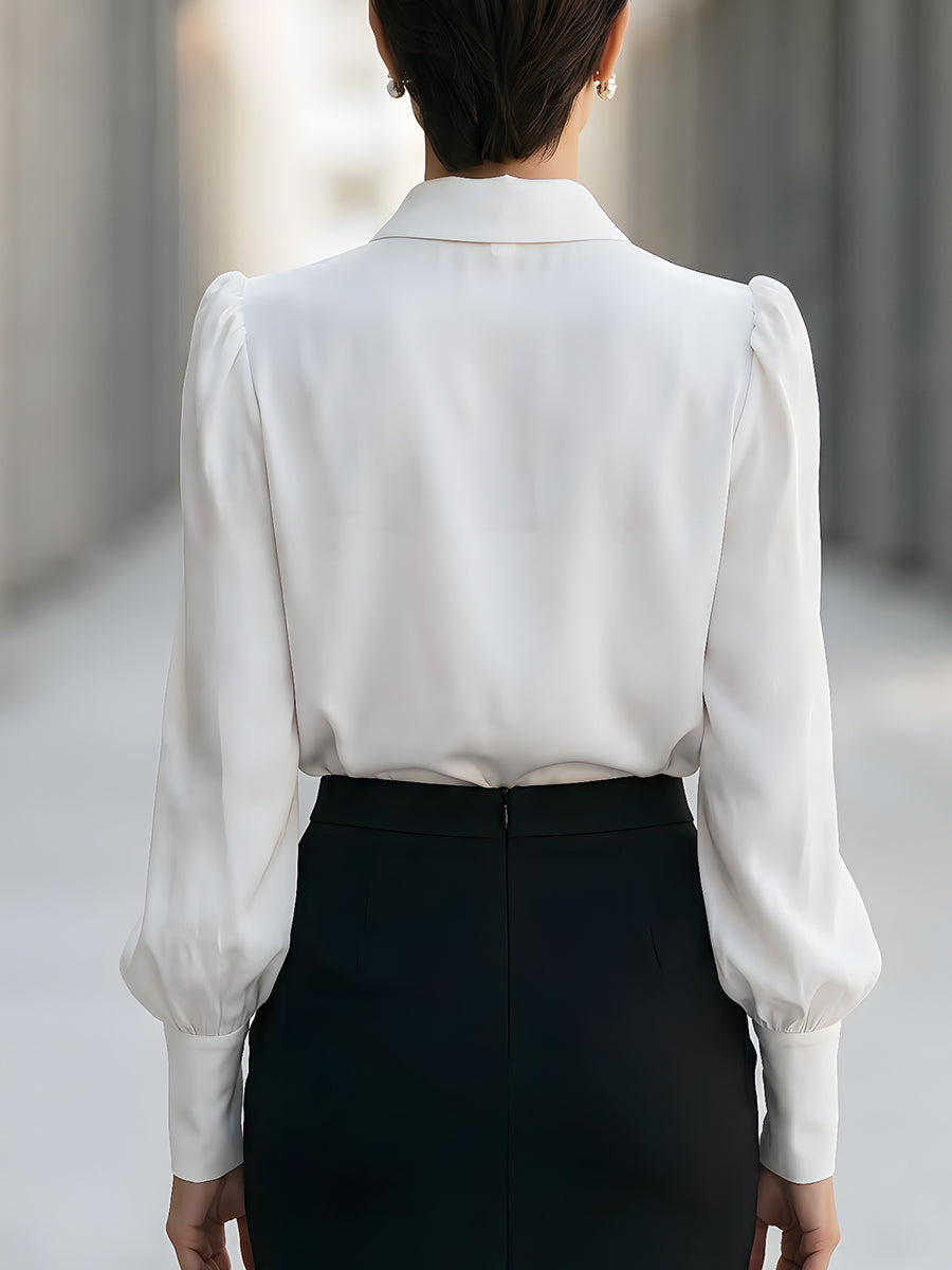 Elegant Floral Brooch Tie-Neck Puff Sleeve Blouse