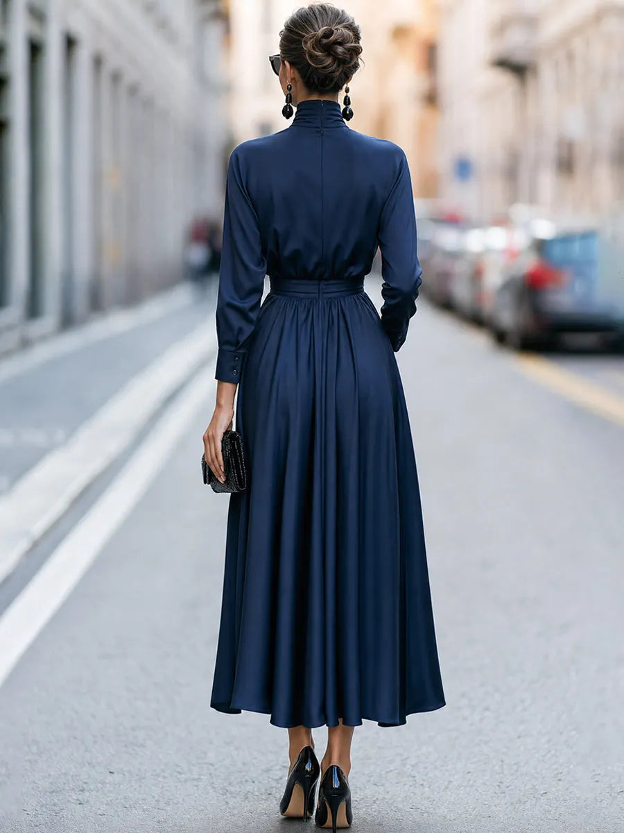 High Neck Gathered Waist A-Line Maxi Dress