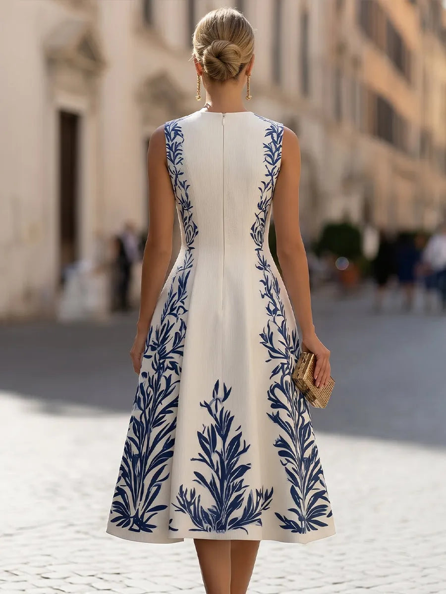 Sleeveless A-Line Midi Dress With Printed Accents