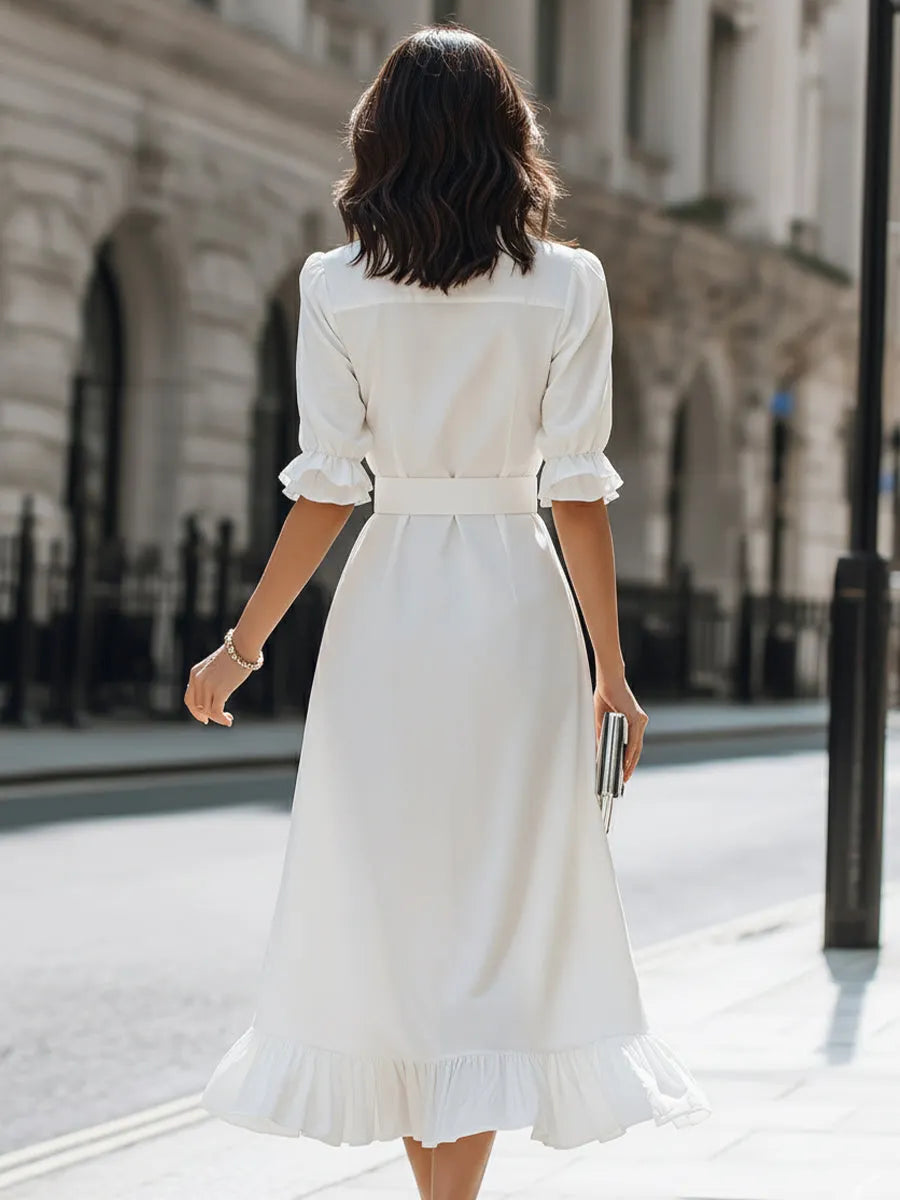 Button-Front Belted Ruffle Hem Shirt Dress