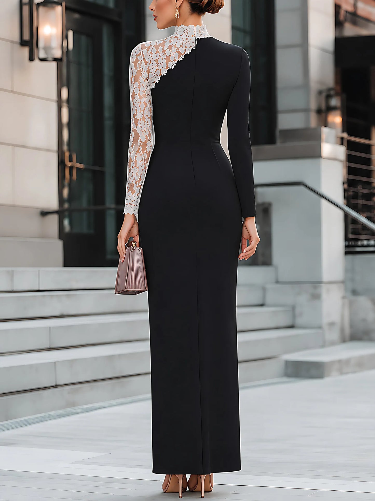 Asymmetric Lace-Spliced Maxi Dress