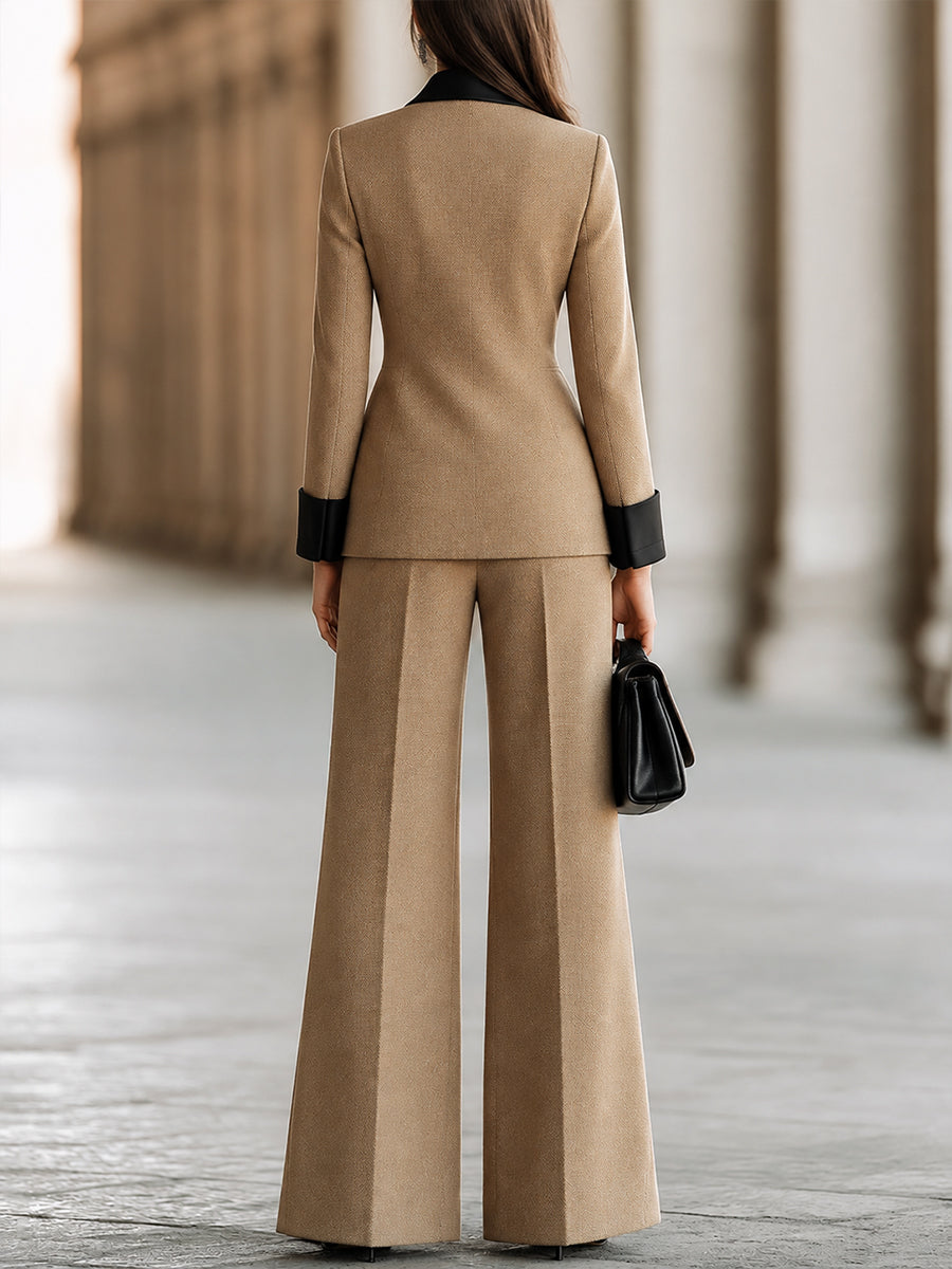 Contrast-Lapel Double-Breasted Wide-Leg Pants Set