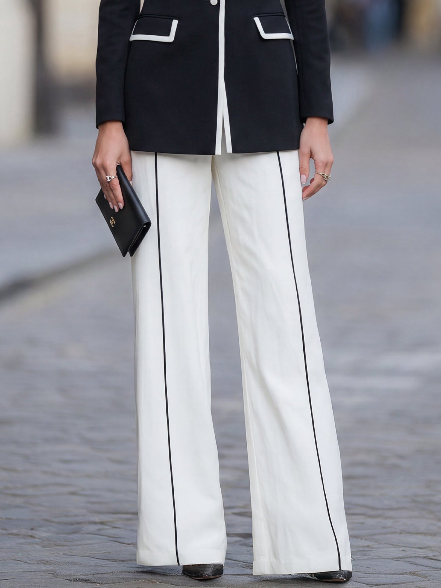 Contrast-Trimmed Tailored Blazer And Wide-Leg Trouser Set