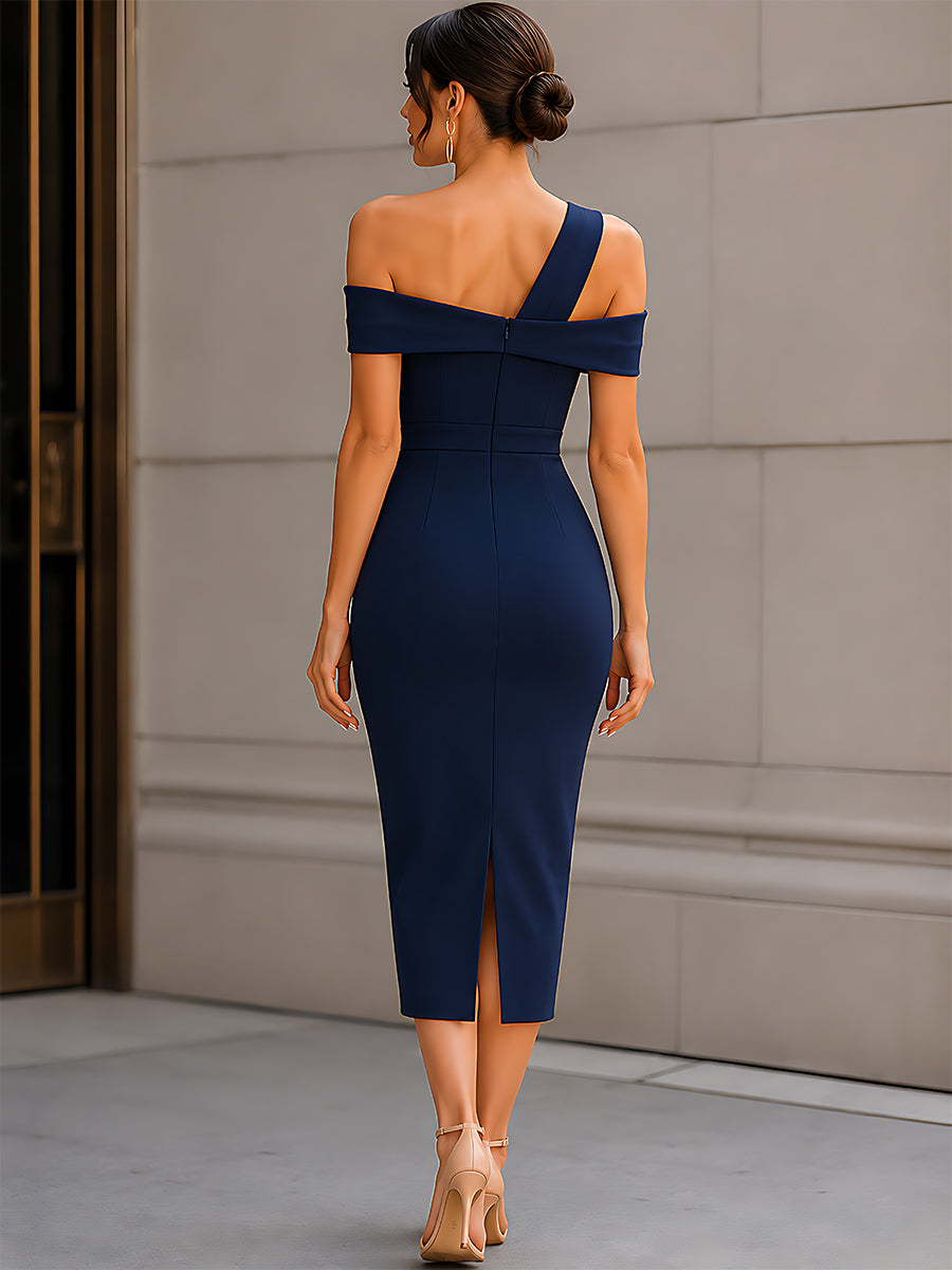 Asymmetric One-Shoulder Tailored Midi Dress