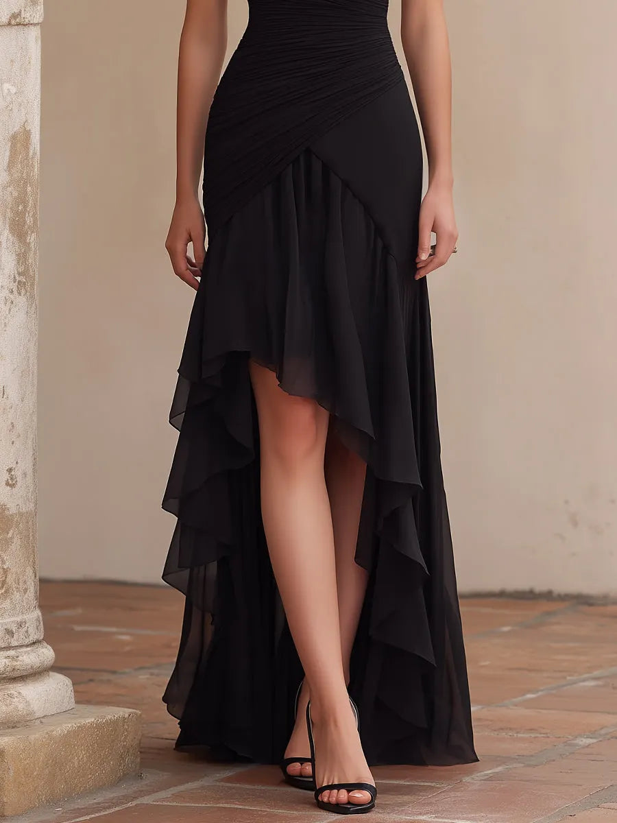 Ruched Lace-Shoulder High-Low Evening Dress