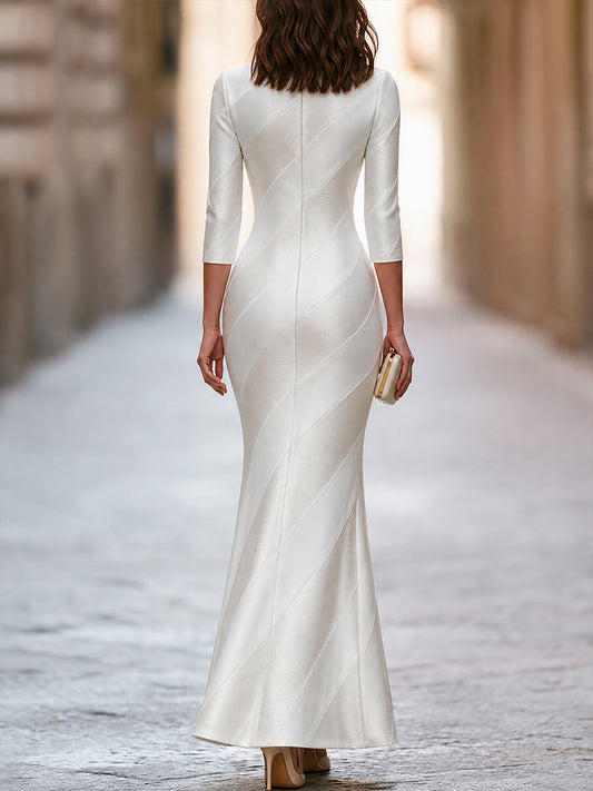 Vestido Maxi Elegante Branco Texturizado de Manga Longa