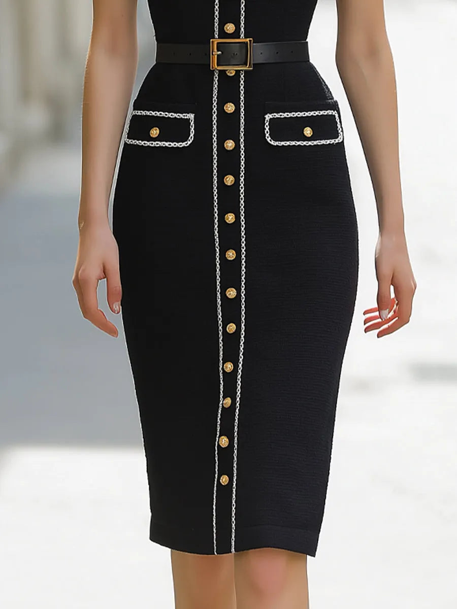 Lace Trim Square Neck Buttoned Tweed Midi Dress With Belt