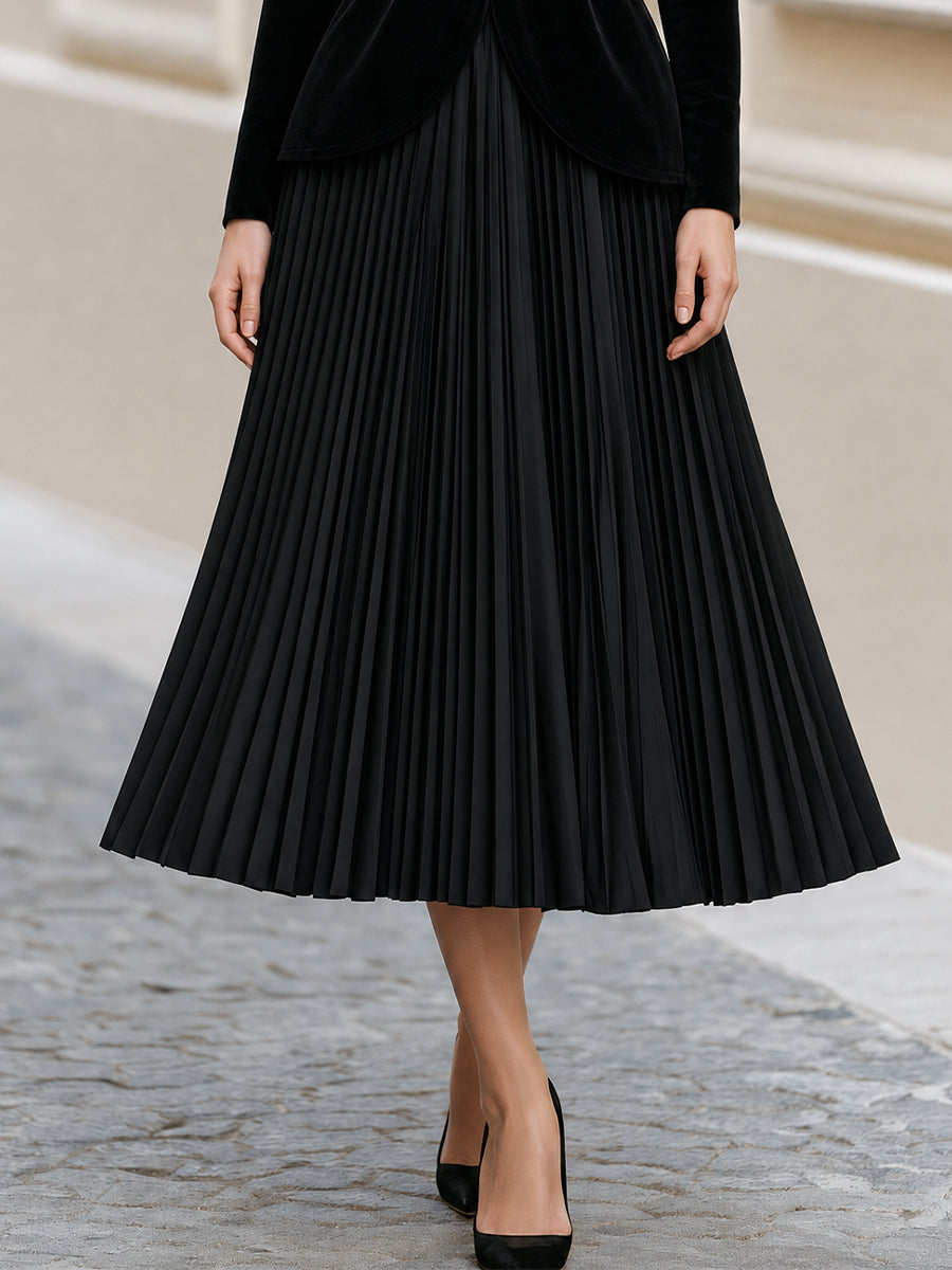 Formal Evening Round Neck Velvet Peplum Top Pleated Midi Skirt Dress
