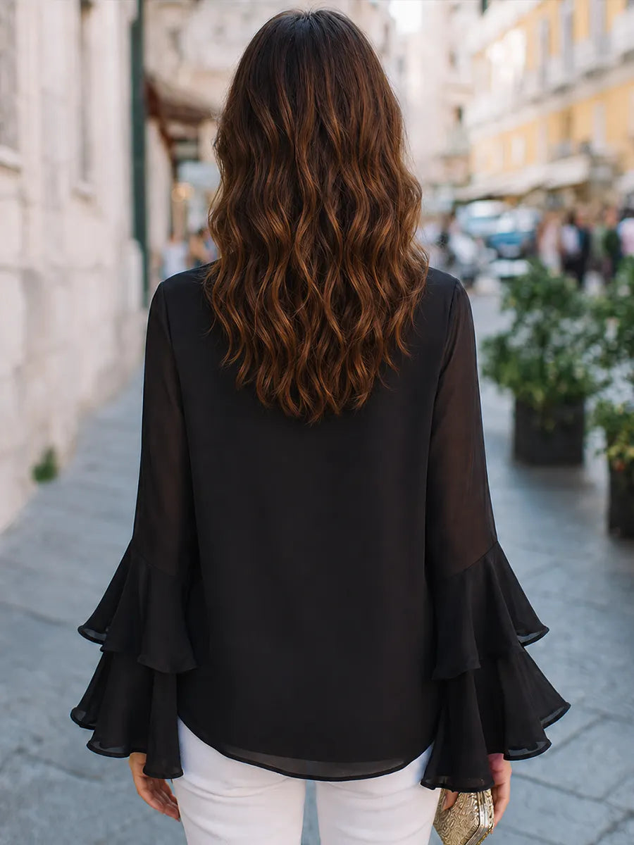 Tie-Neck Ruffle-Sleeve Flared Blouse