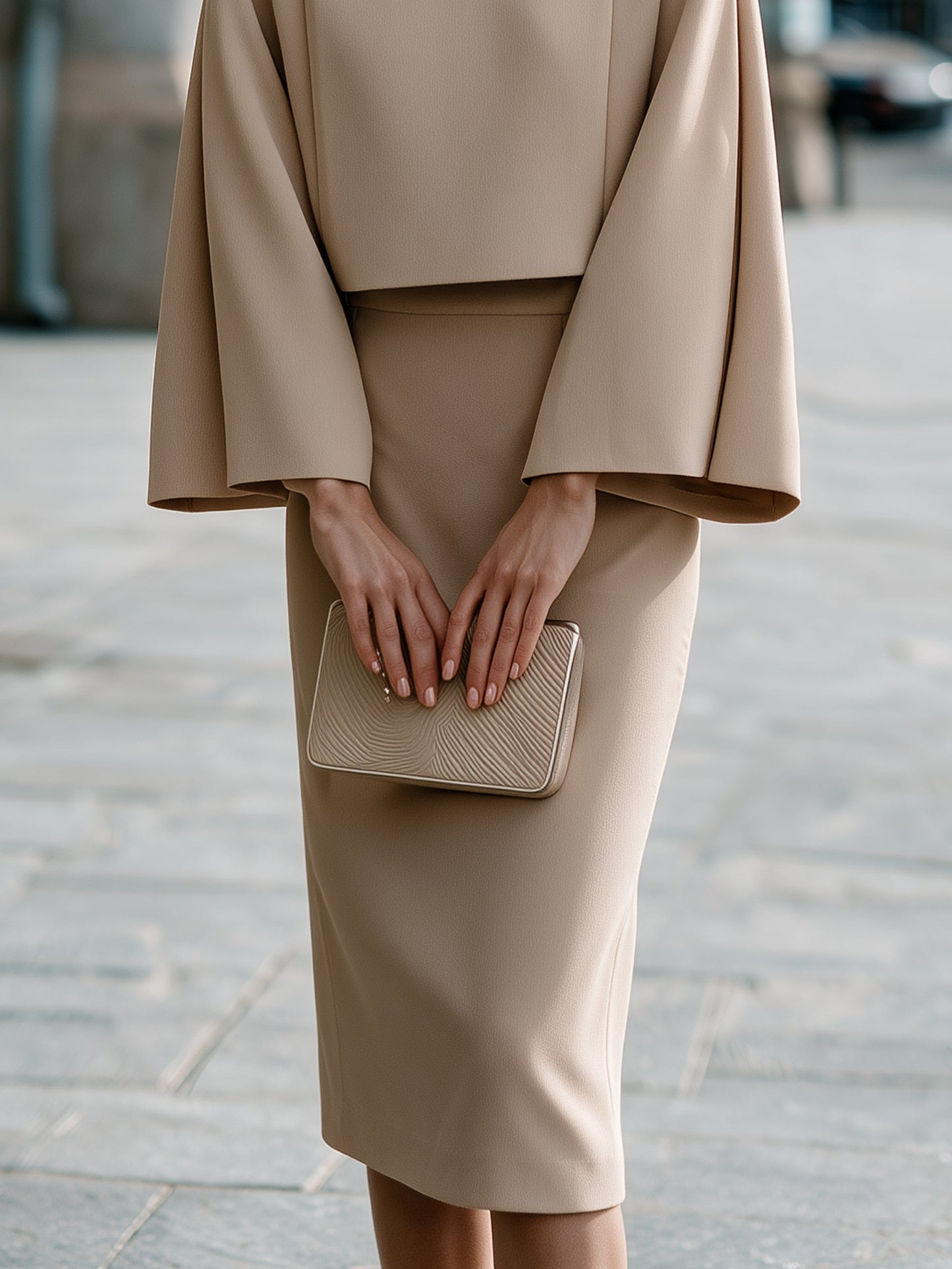 Cape-Sleeve Top and Pencil Skirt Set