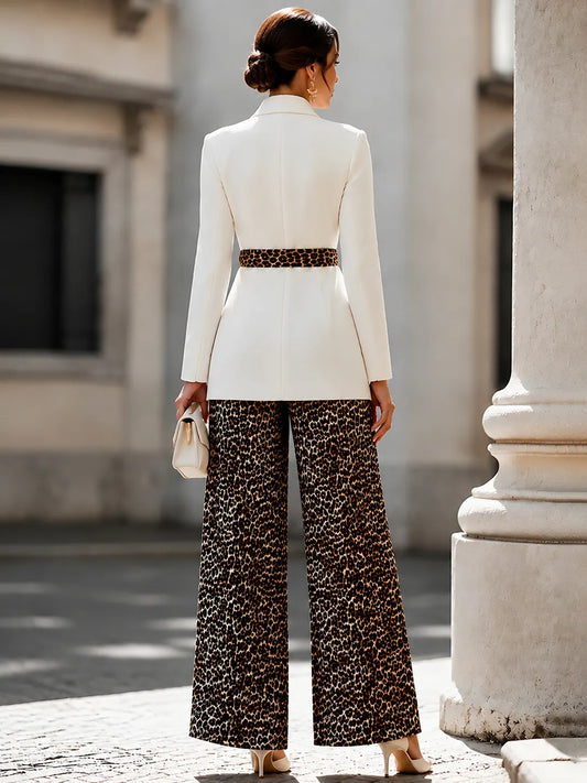 Elegant White Blazer Leopard Print Wide Leg Pants Set