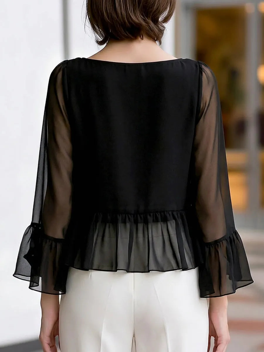 Boat Neckline Chiffon Peplum Ruffle Blouse